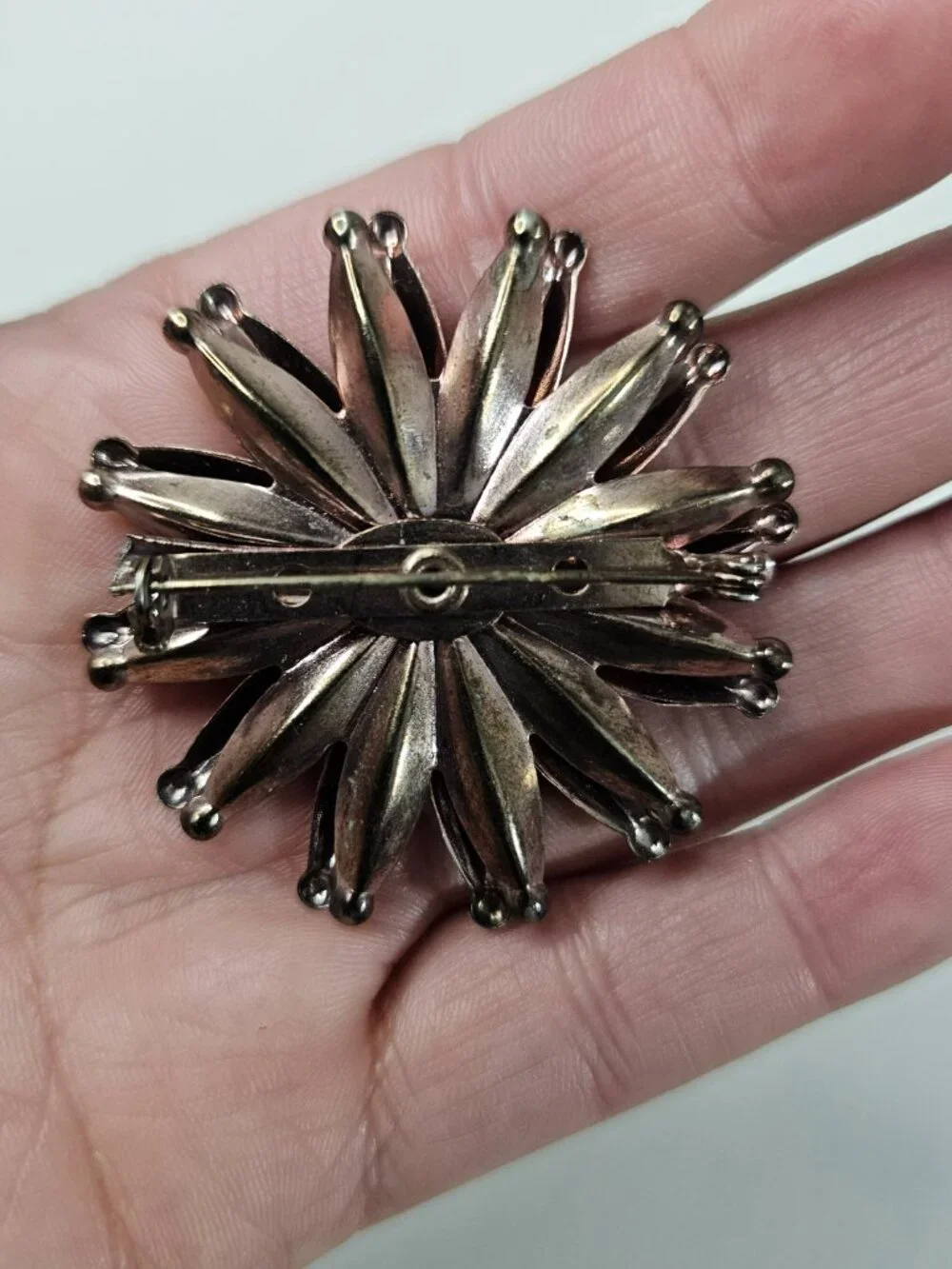 Vintage Atomic Starburst Brooch Blue Rhinestone Bronze Tone Unmarked Jewelry Pin